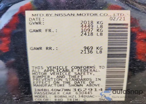 2021 Nissan Altima Sv z USA, uszkodzony, nr VIN 1N4BL4DW7MN362914